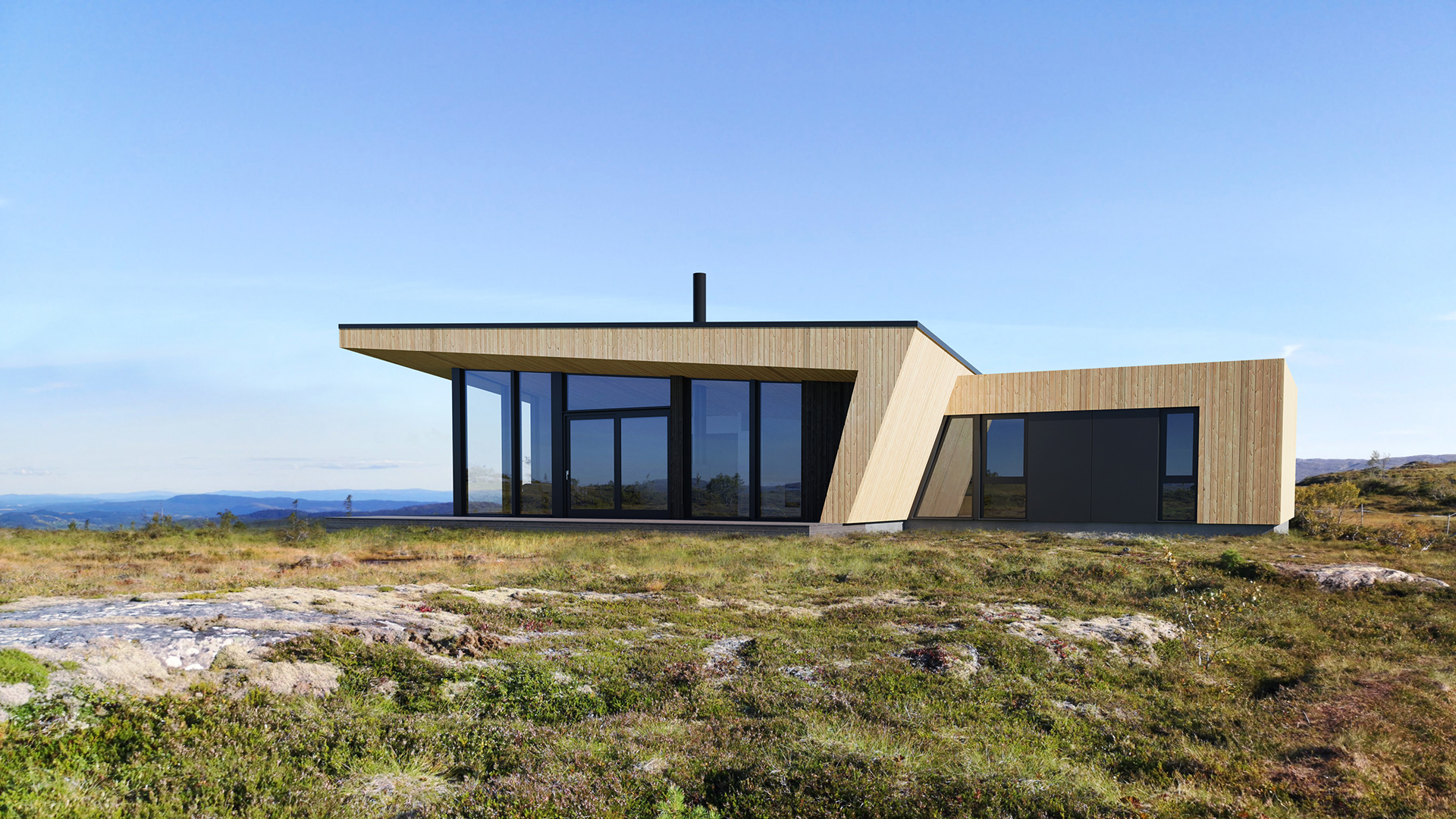 A render of a modern log house on a wooded hillside