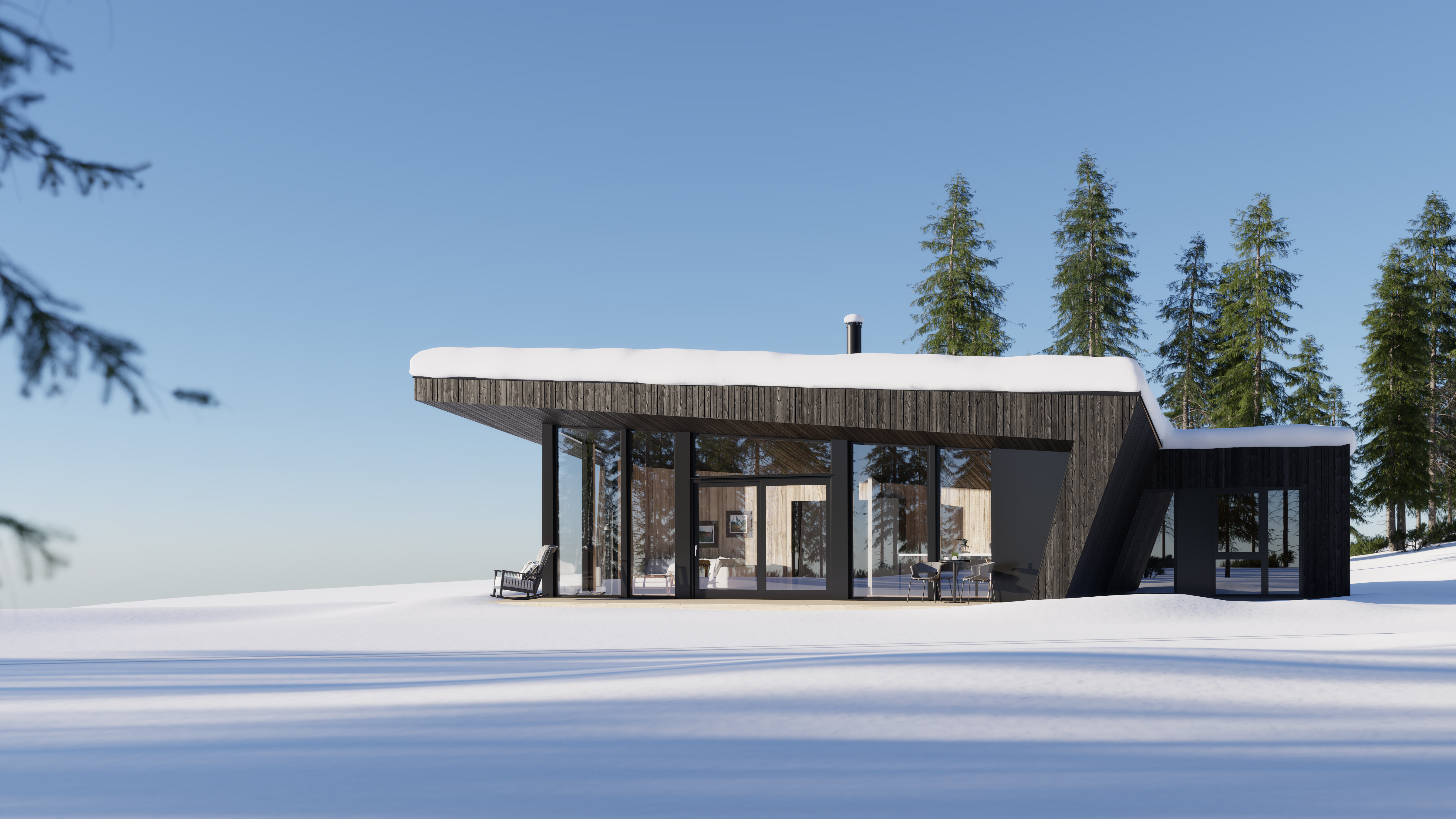 A render of a modern house with snow on top