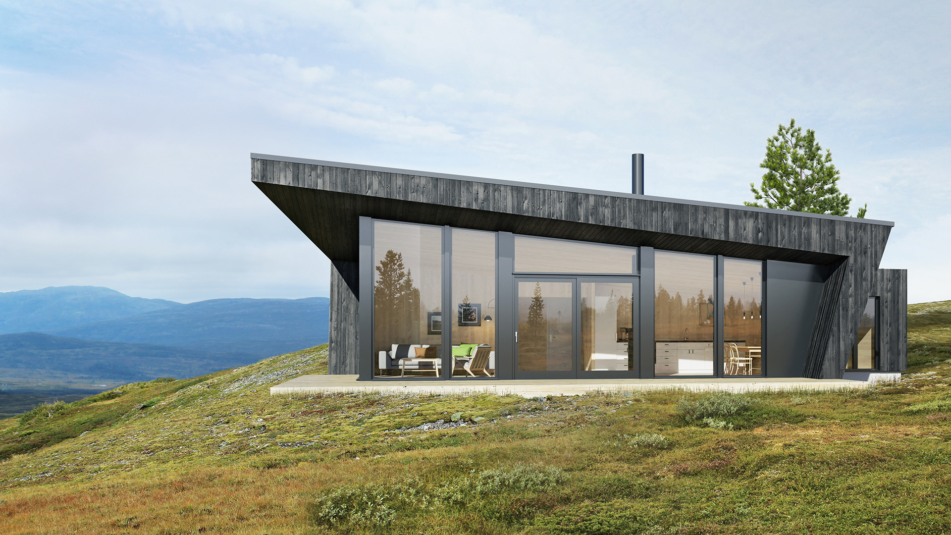 A render of a modern log house on a wooded hillside
