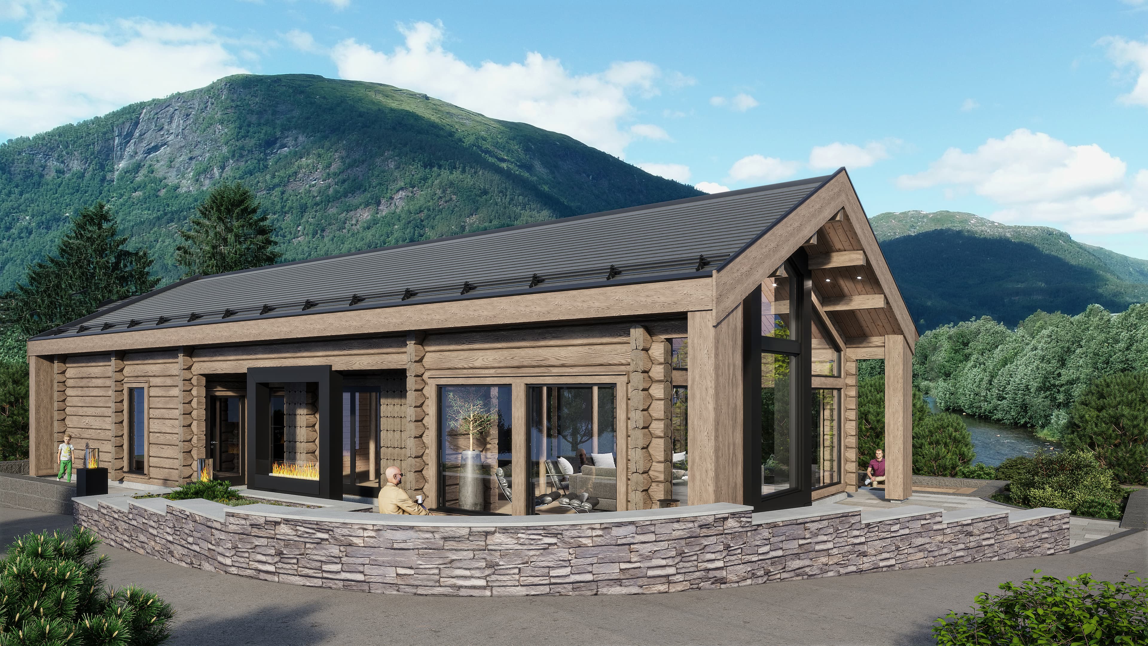 A render of a modern log house on a wooded hillside