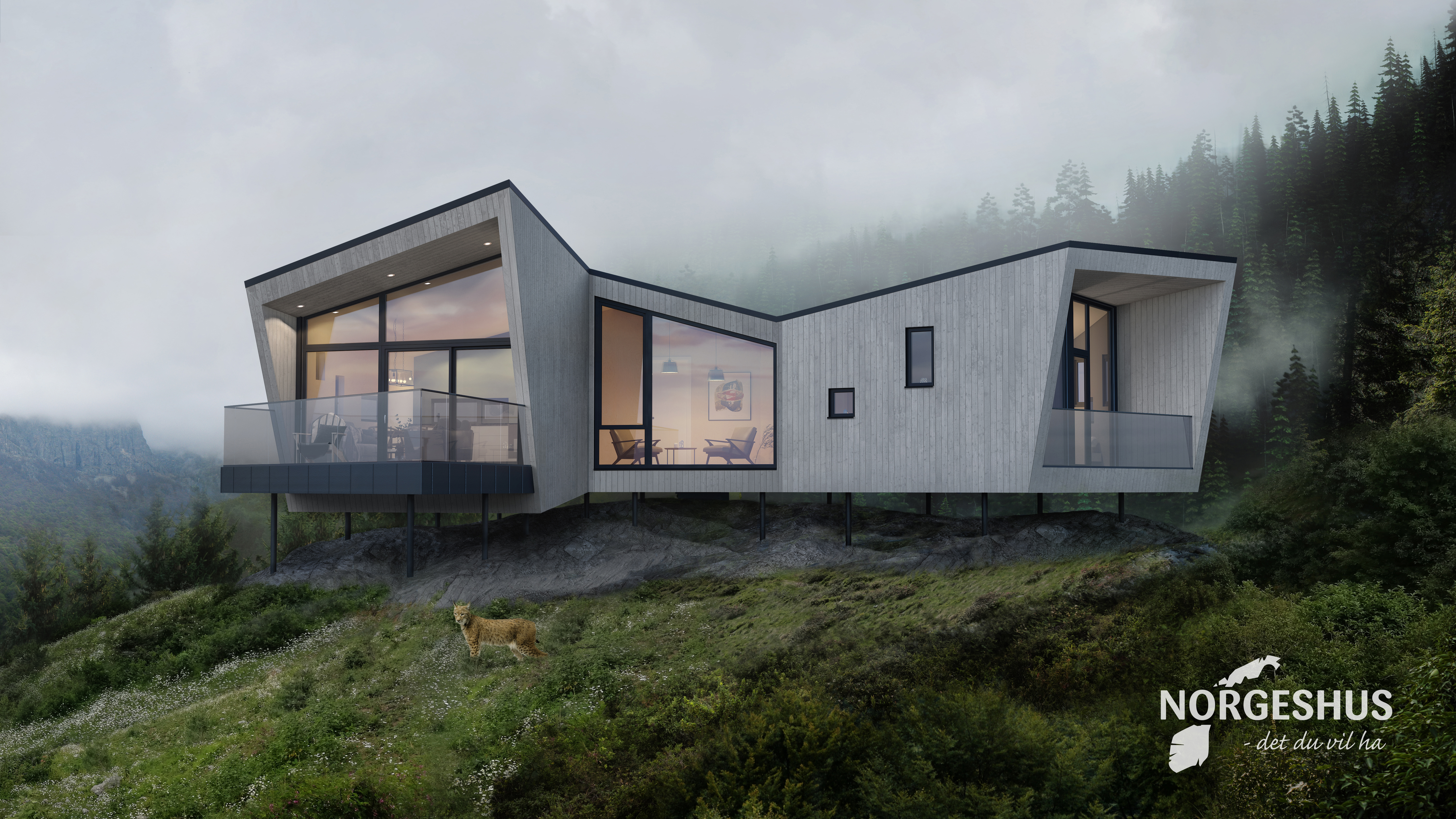 A render of a modern log house on a wooded hillside